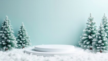 White product display podium on snow with frosted miniature Christmas trees against a light blue background, ideal for winter holiday promotions. Christmas.