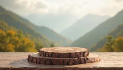 Two rustic wooden log slices stacked on a wooden surface with a blurred mountain and autumn forest background, natural product display concept.