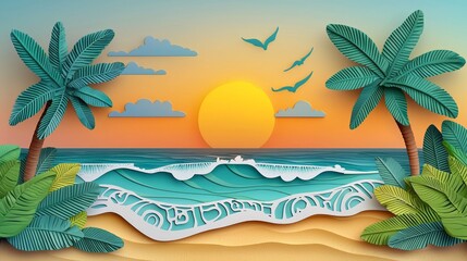 Obraz premium Serene Tropical Beach Scene with Coconut Palm Trees at Sunset Over Calm Waves