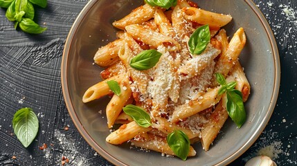 Stylish flat lay of penne with bold red sauce, basil sprigs and cheese flakes placed with care over a black textured tabletop.