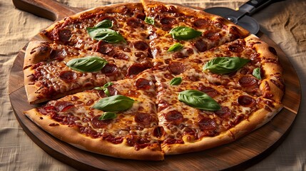 Elevated view of cheese-laden pizza with basil, wooden board and shiny cutter on neutral cloth background, clean design ideal for promotions.