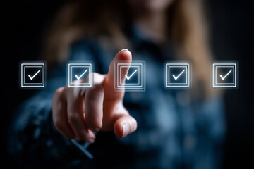 Selecting Success: A close-up shot captures a finger gracefully poised to select a checkmark, embodying a moment of decision, control, and achievement within a digital environment. 