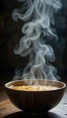 vertical closeup photo of delicious hot soup in white colour ceramic bowl with smoke rising in black background 