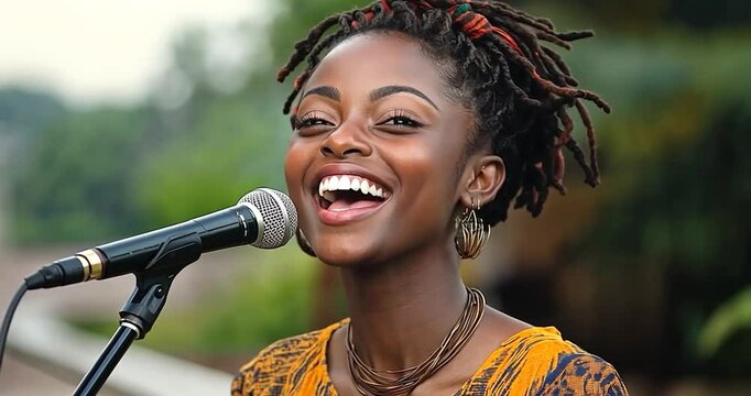 Woman singing, with a microphone, the light is on the face, the image is focused and has blurred background