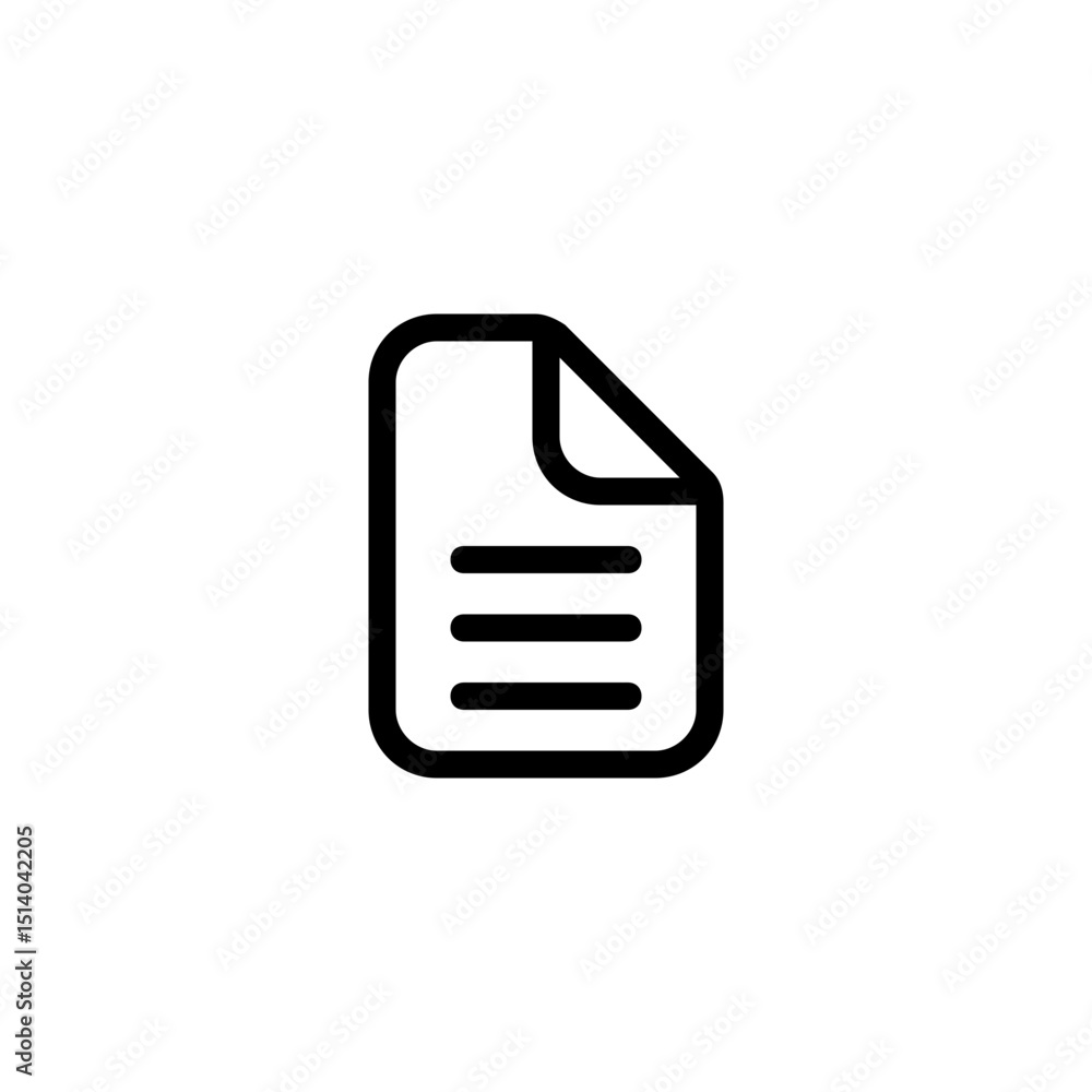 Poster simple black and white document icon with curled corner and three horizontal lines representing text