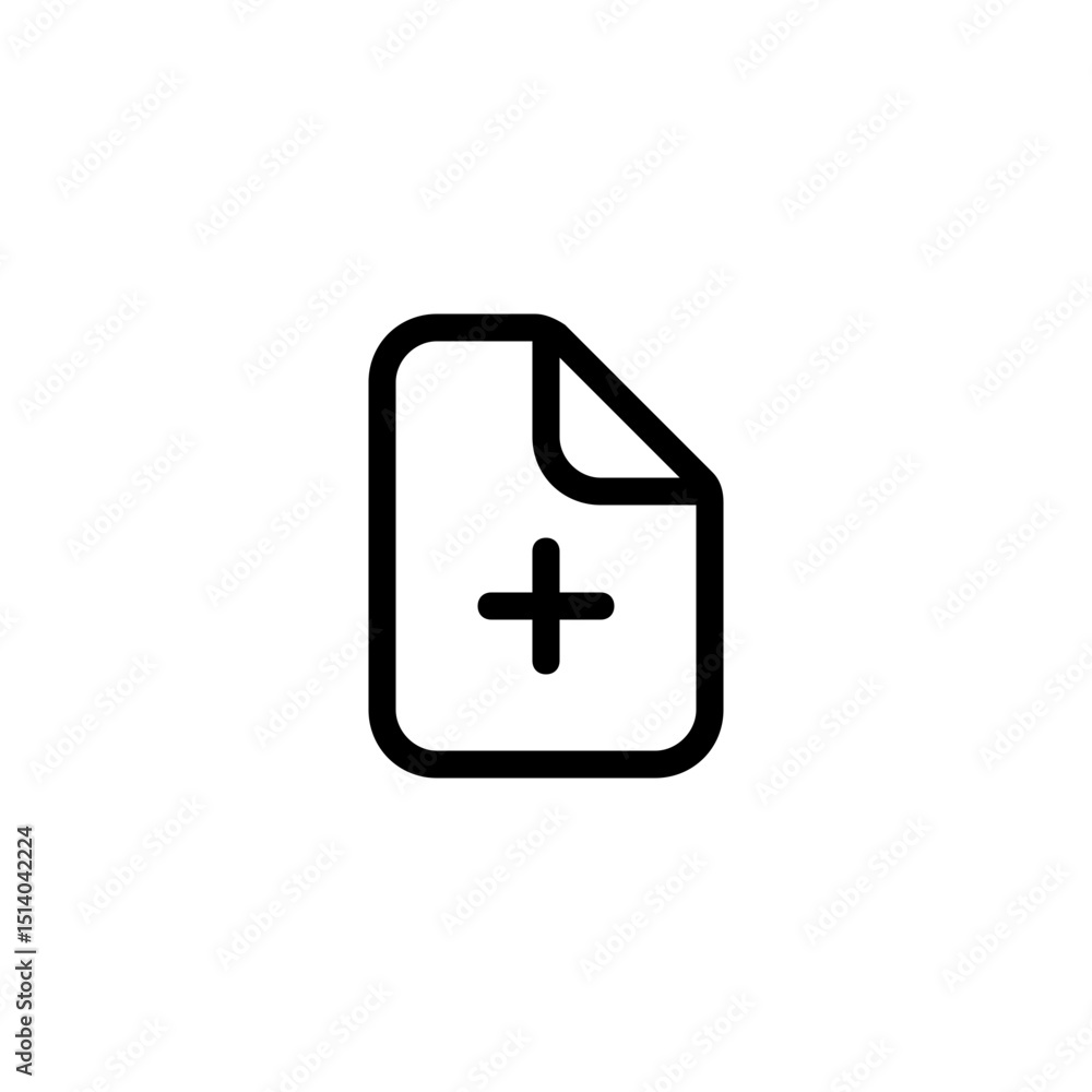 Poster icon of a document with a folded corner and a plus sign in the middle in black outline style