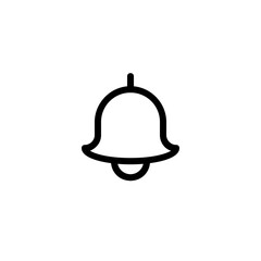 Illustration of a simple black outline of a bell with a clapper on a white background design icon
