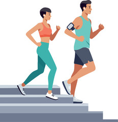 Man and woman running exercise fitness training on stairs vector illustration 