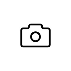 Illustration of a simple black and white camera icon with a circular lens on a white background image