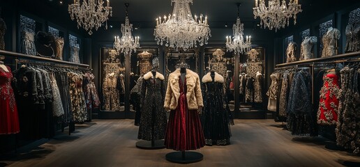 Naklejka premium Opulent Fashion Boutique: A Showcase of Luxurious Evening Gowns and Chandeliers Display