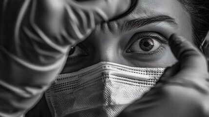 Dramatic black and white artistic portrait of a dentist wearing gloves and a mask eyes focused holding a dental mirror reflecting a patient's nervous expression