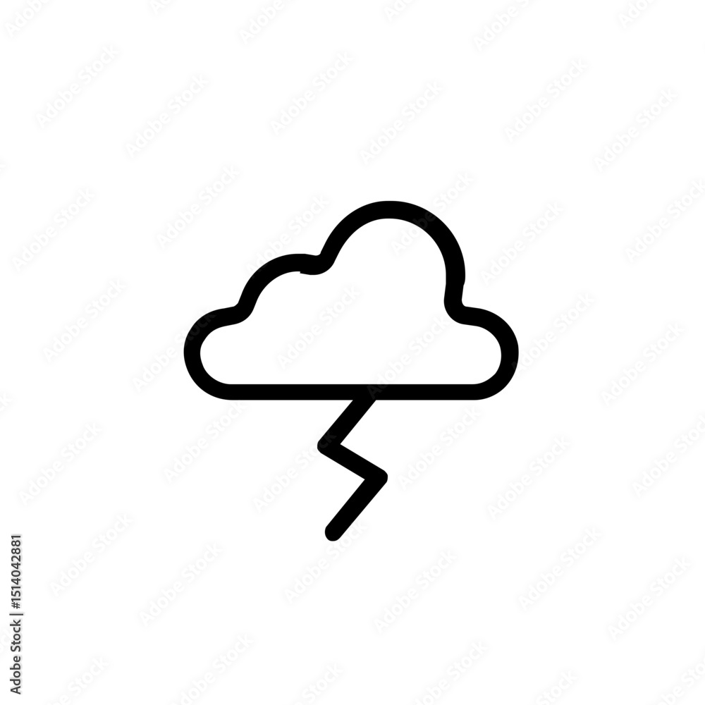 Poster outline drawing of a cloud with a lightning bolt below it on a plain white background weather icon