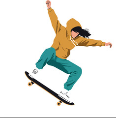Skateboarder performing trick in mustard hoodie and teal pants dynamic vector illustration 