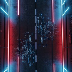 Futuristic Neon Corridor with Abstract Data and Reflective Surfaces, Top View