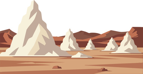 Rocky desert landscape with white rock formations and brown mountains vector illustration 