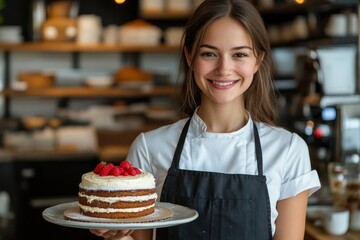 Portrait of cheerful young attractive satisfied smiling pastry chef woman wearing apron and holding plate with cake working in pastry shop