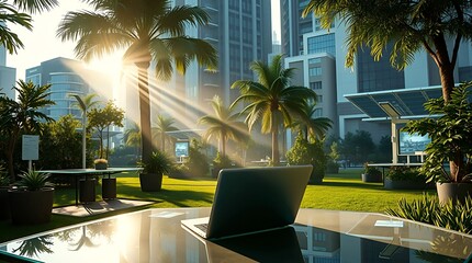 Workspace in futuristic tropical park with sunlights