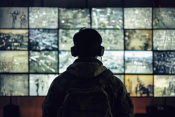 Military surveillance officer tracking operation in a central office hub for cyber control. Monitoring for managing national security, army