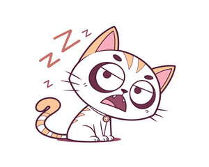 Cute Cartoon Cat Drowsily Yawning While Sitting