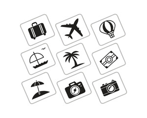 Travel Icons Set Airplane Suitcase Camera Palm Tree