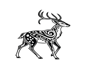 Ornate Tribal Style Deer Design Black and White Illustration