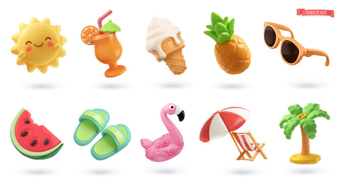 Summer 3d cartoon vector icon set