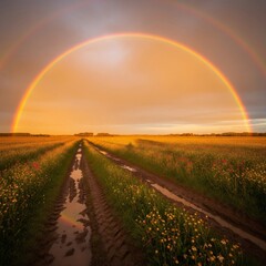 Golden Hour Rainbow Over Wildflower Field and Dirt Road