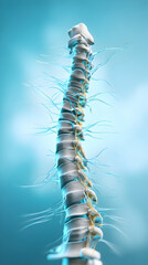 A 3D illustration of a human spine against a soft blue clinical background   -