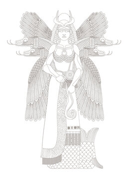 Tiamat, Mesopotamian goddess of saltwater and chaos, holds Apsu, freshwater god, symbolizing elemental union. Surrounded by dragons, she rises to battle Marduk after Apsu&rsquo;s death