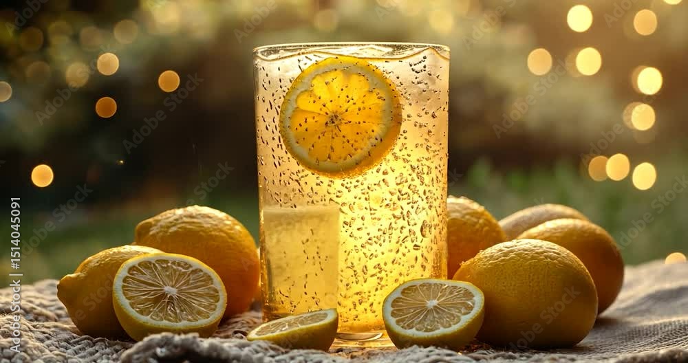 Poster close up shot of a lemonade beverage with lemons. the background is blurred with bokeh effect. the s