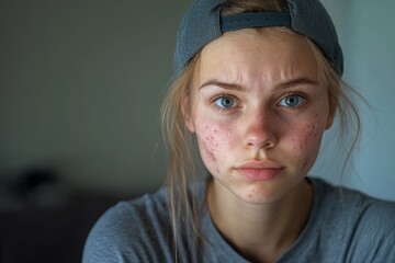 Young woman with problem skin and acne closeup