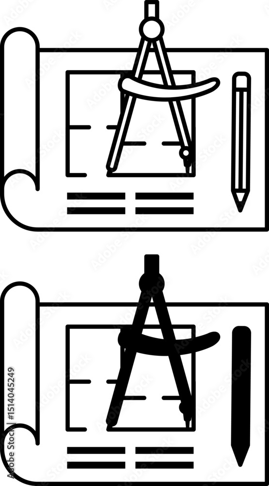 Poster blueprint icons. black and white vector illustration. graphic design document with image of engineer