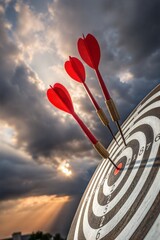 Red darts hitting bullseye against a dramatic sky background