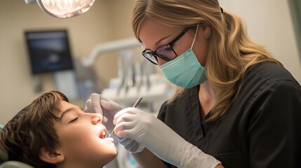 Female dentist in gloves and a mask performing a routine checkup on a teenage patient with a dental chair and equipment in the background