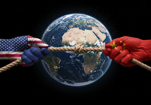 Us china trade war concept with earth globe and tug of war rope representing global economic competition US China international global trade war