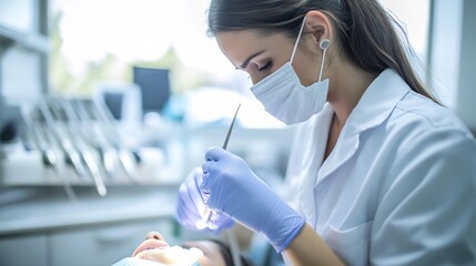 Female dentist in gloves and a mask performing a routine checkup on a patient with a dental chair and equipment in the background emphasizing professional care