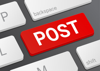 Fototapeta premium Close Up Post Button on Laptop or Computer Keyboard for Social Media, Publishing, and 3D Communication Illustration