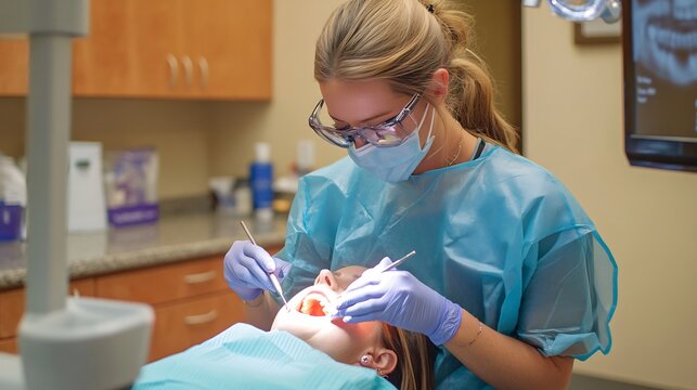 Female dentist performing a dental procedure on a patient showcasing her expertise and skill