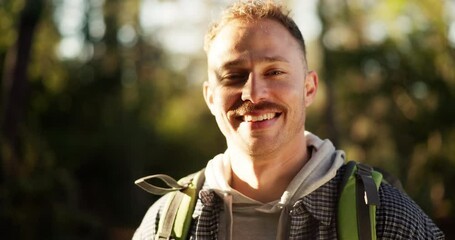 Face, hiking and man with nature, smile and journey with fitness, hobby and environment. Portrait, happy person and hiker in woods, countryside and exercise with weekend break, health and wellness - Powered by Adobe