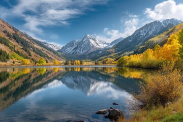 Fototapeta premium Breathtaking panoramic view of a majestic mountain lake reflecting colorful autumn foliage