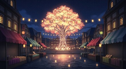 Illuminated Night Market Scene with Glowing Tree and Lanterns in a Town Square