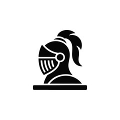 A black silhouette of a knight's helmet is shown, featuring a plume on top