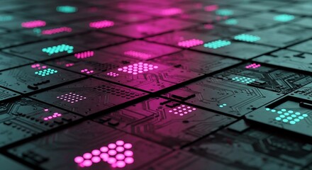 Illuminated Circuit Boards with Pink and Teal Lights, Futuristic Technology Concept
