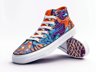 Mockup of a pair of high-top sneakers with a unique pattern and artistic details. 