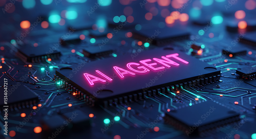 Poster a futuristic ai agent chip with glowing pink text is set against a circuit board with blue and green