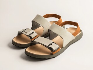 Mockup of a pair of sandals with a modern design and adjustable straps. 