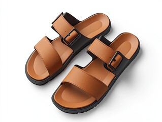 Mockup of a pair of sandals with a modern design and adjustable straps. 