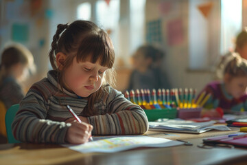 Preschool boy drawing with crayons while sitting at desk
