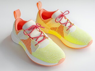 Mockup of a pair of tennis shoes with breathable fabric and bright, sporty colors. 