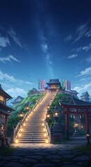 Illuminated Stairway to a Japanese Temple Under a Starry Night Sky